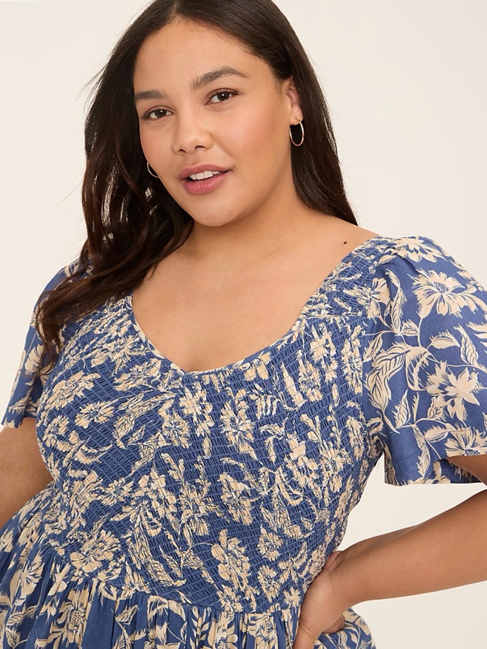 Lane Bryant Blue and Cream Floral Smocked Peasant Top